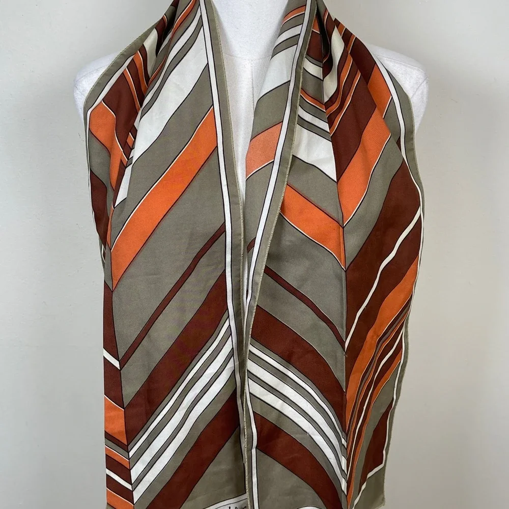 Vintage P. Saint Hilaire Paris Scarf Women Brown Orange Chevron Striped 70s Mod